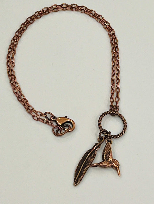 Copper Delicate Paperclip Layering Necklace with Bird and Feather Pendant Gorgeous Layering Statement Necklace Copper Bird Charm