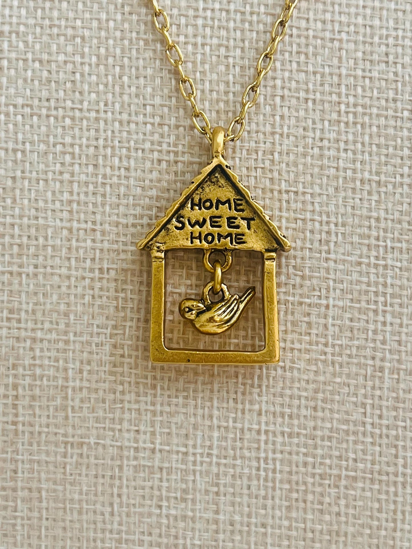 Gold Delicate Paperclip Layering Necklace with Bird “Home Sweet Home” Pendant by Green Girl Studios