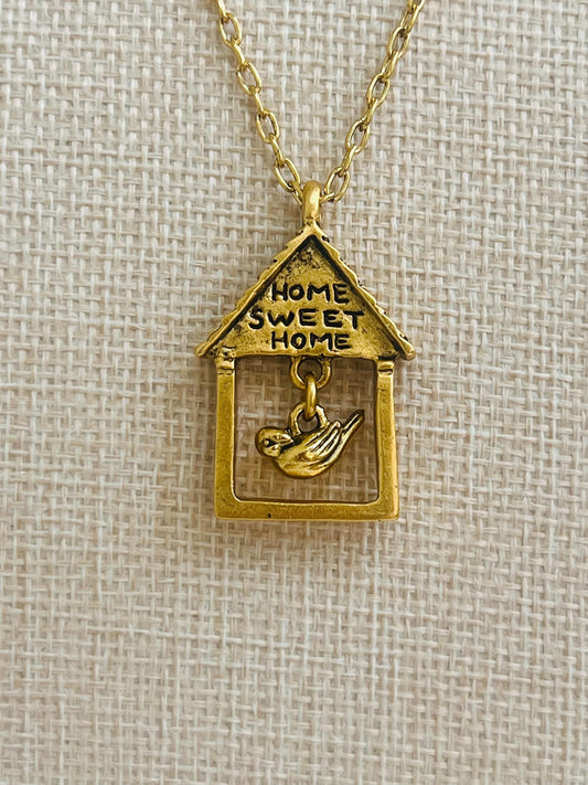 Gold Delicate Paperclip Layering Necklace with Bird “Home Sweet Home” Pendant by Green Girl Studios