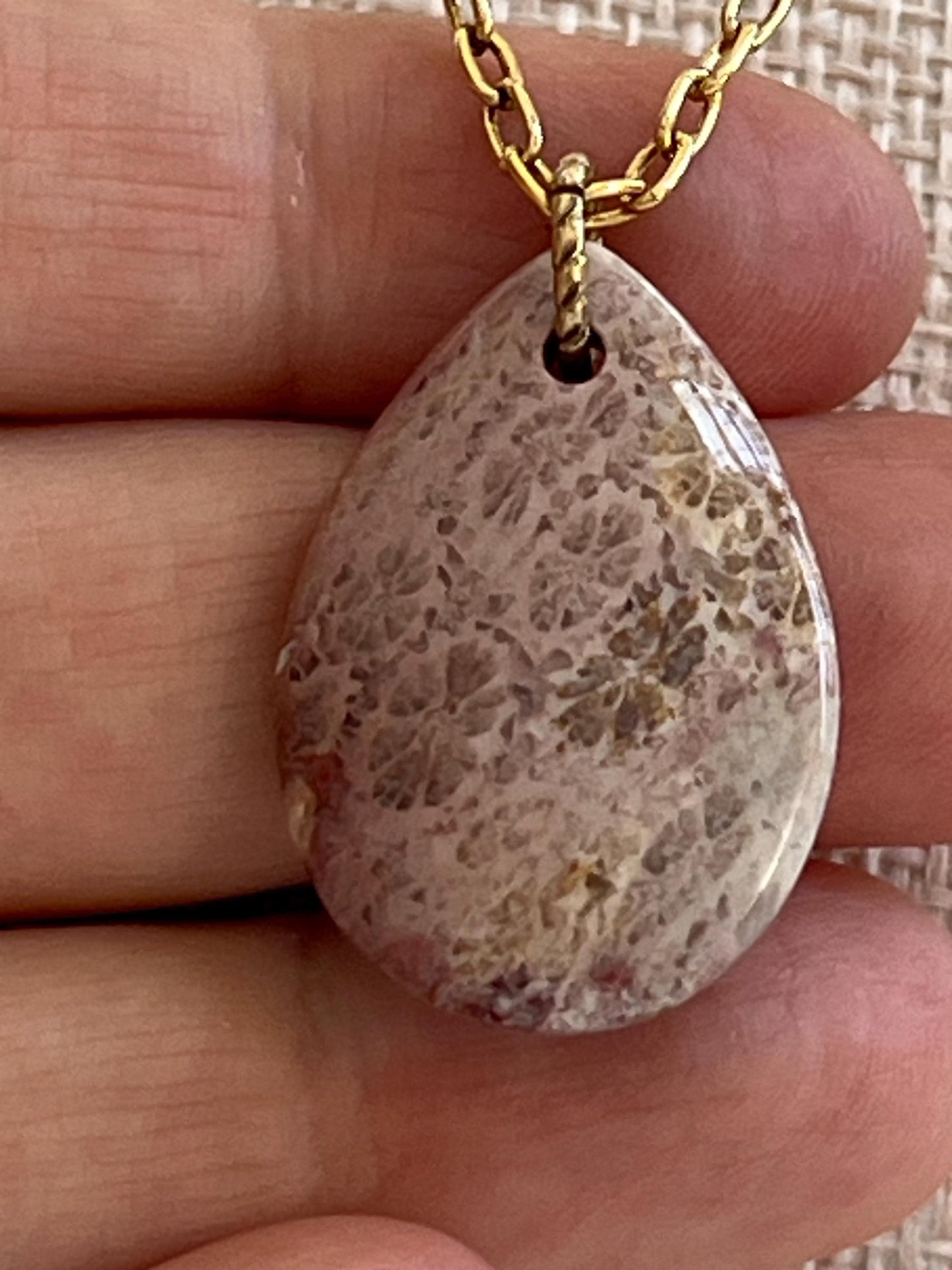 Gold Delicate Paperclip Layering Necklace with Beautiful Fossil Coral Teardrop Pendant Layering Statement Necklace Natural Gemstone Pendant