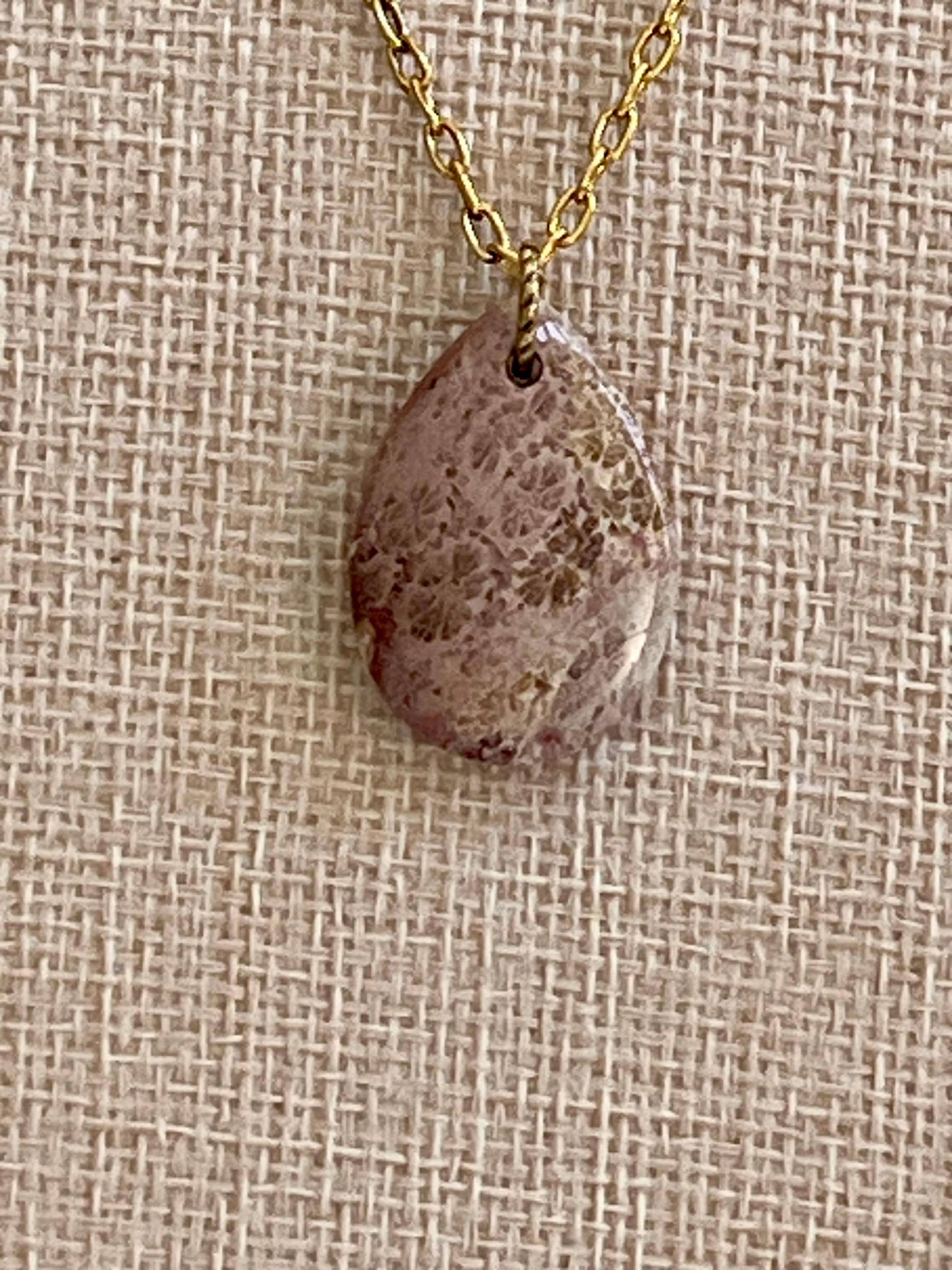Gold Delicate Paperclip Layering Necklace with Beautiful Fossil Coral Teardrop Pendant Layering Statement Necklace Natural Gemstone Pendant