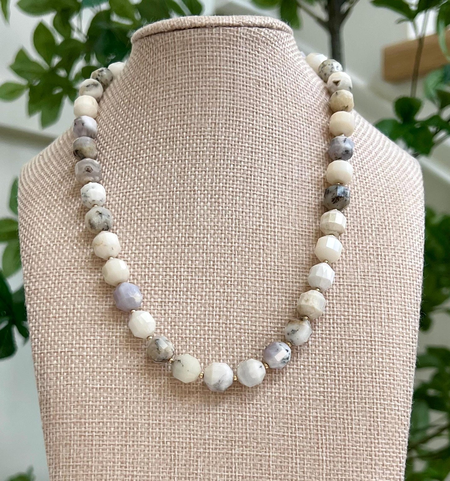 White Opal Beaded Necklace Opal 9x10mm Prism Cut Double Point Faceted Beads 18k Gold Filled Clasp Beautiful  Natural Gemstone Necklace