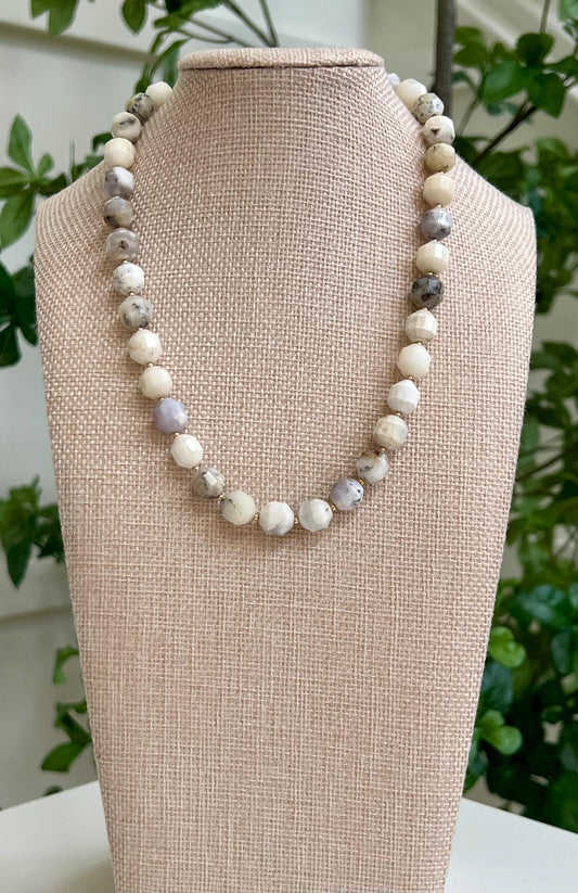 White Opal Beaded Necklace Opal 9x10mm Prism Cut Double Point Faceted Beads 18k Gold Filled Clasp Beautiful  Natural Gemstone Necklace