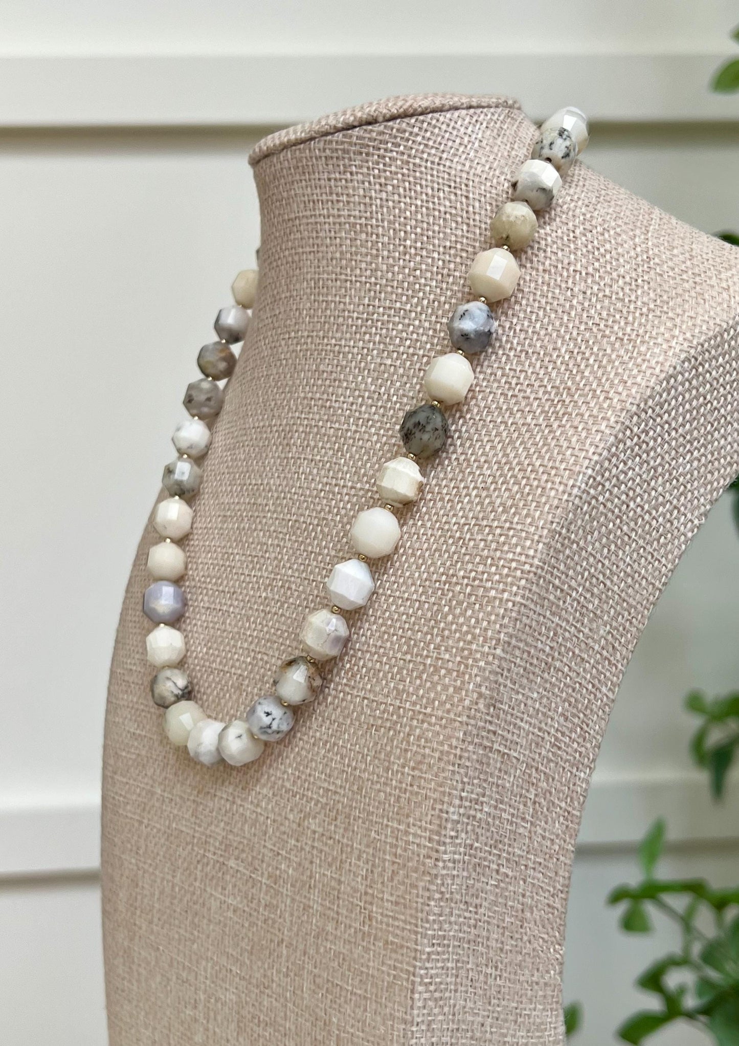 White Opal Beaded Necklace Opal 9x10mm Prism Cut Double Point Faceted Beads 18k Gold Filled Clasp Beautiful  Natural Gemstone Necklace