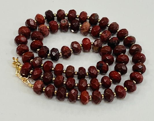 Red Jasper Beaded Necklace Gold Accent Beads 18k Gold filled clasp Layering Necklace Semi-Precious Natural Gemstones Red Leaf Jasper