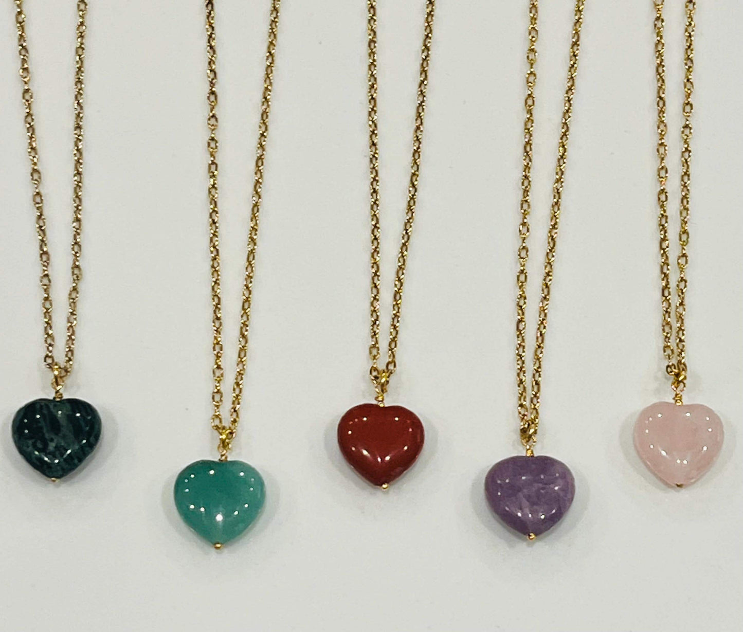 Gold Delicate Paperclip Chain with Natural Gemstone Heart  Kambaba Jasper, Rose Quartz, Lepidolite, Red Jasper, or Green Aventurine