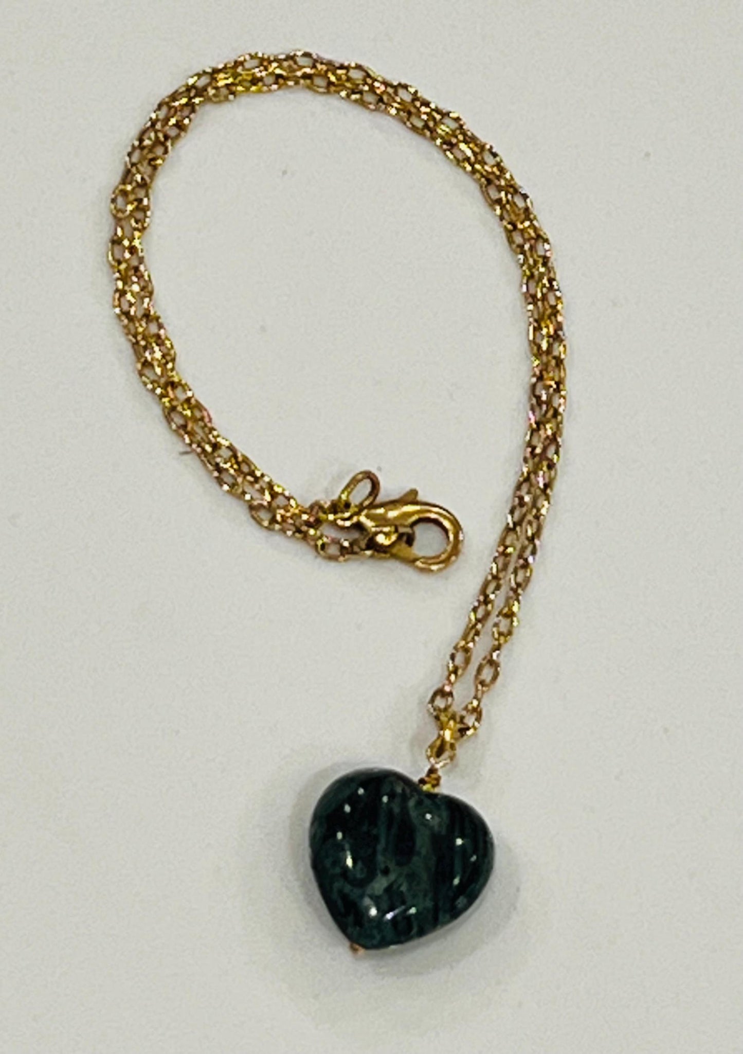 Gold Delicate Paperclip Chain with Natural Gemstone Heart  Kambaba Jasper, Rose Quartz, Lepidolite, Red Jasper, or Green Aventurine