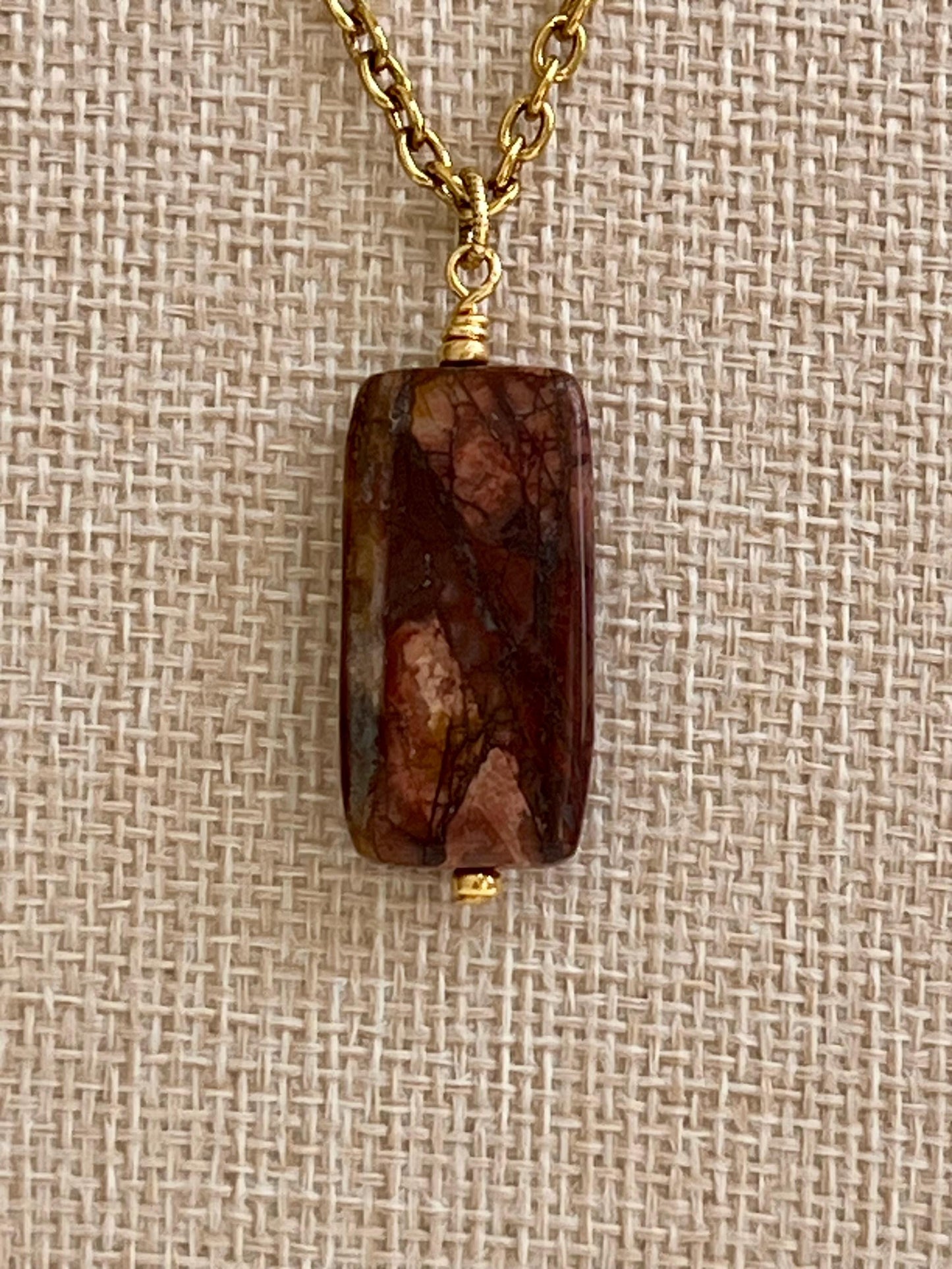 Gold Classic Cable Chain with Pendant  Red Creek Jasper Drop Pendant Statement Necklace Red Jasper Pendant Layering Necklace
