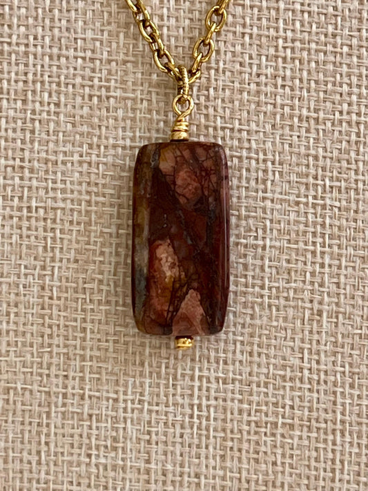 Gold Classic Cable Chain with Pendant  Red Creek Jasper Drop Pendant Statement Necklace Red Jasper Pendant Layering Necklace