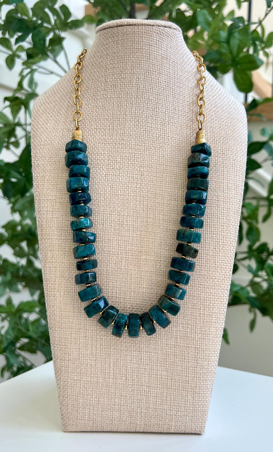 Blue Apatite Beaded Statement Necklace Natural Gemstone Layering Semi-Precious Bead Necklace 8x15mm Wheel Beads Gorgeous Natural Apatite