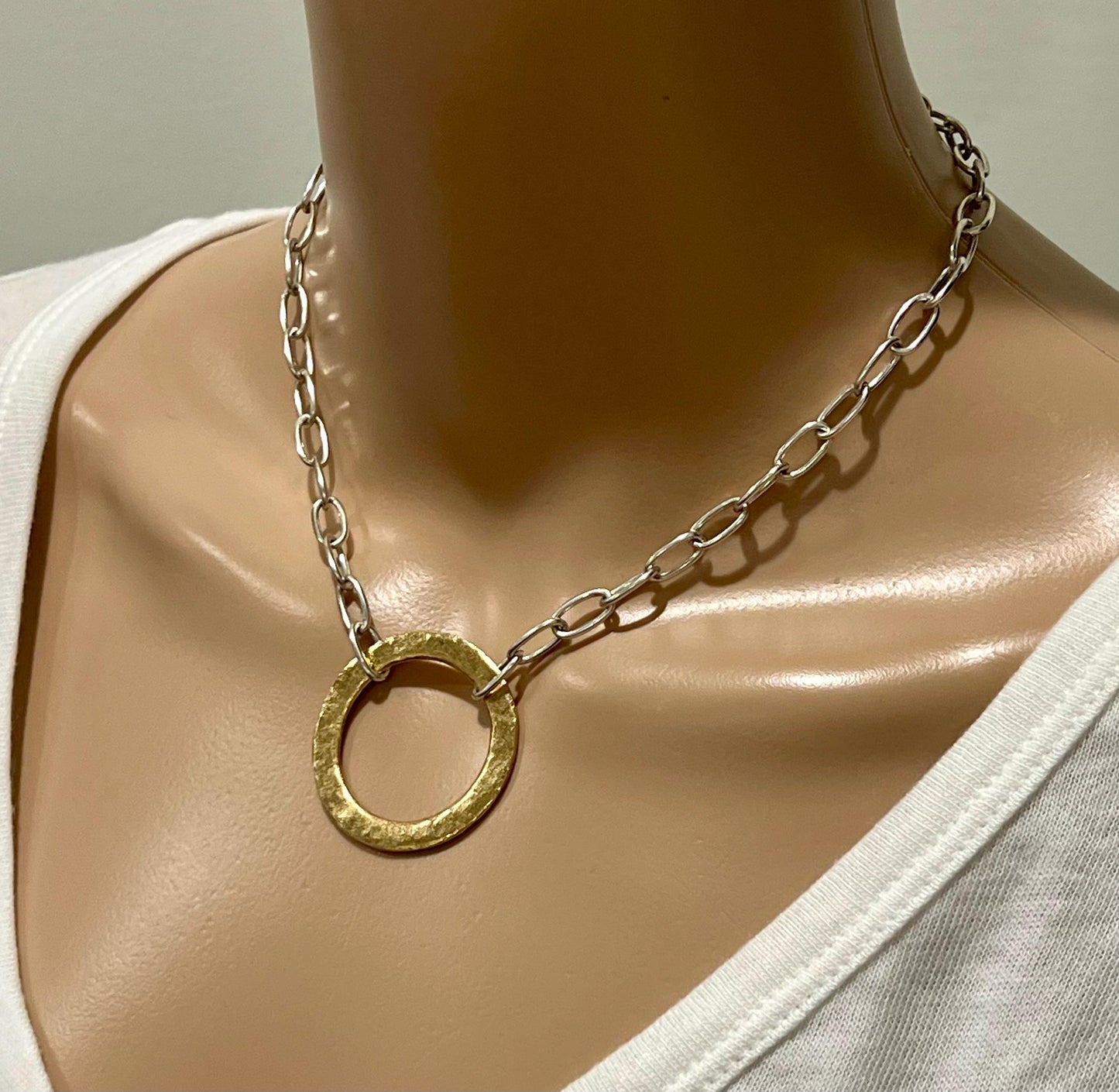 Silver Paperclip Link Chain Necklace with Organic Gold Open Circle Pendants Gorgeous Silver Statement Modern Mixed Metal Necklace