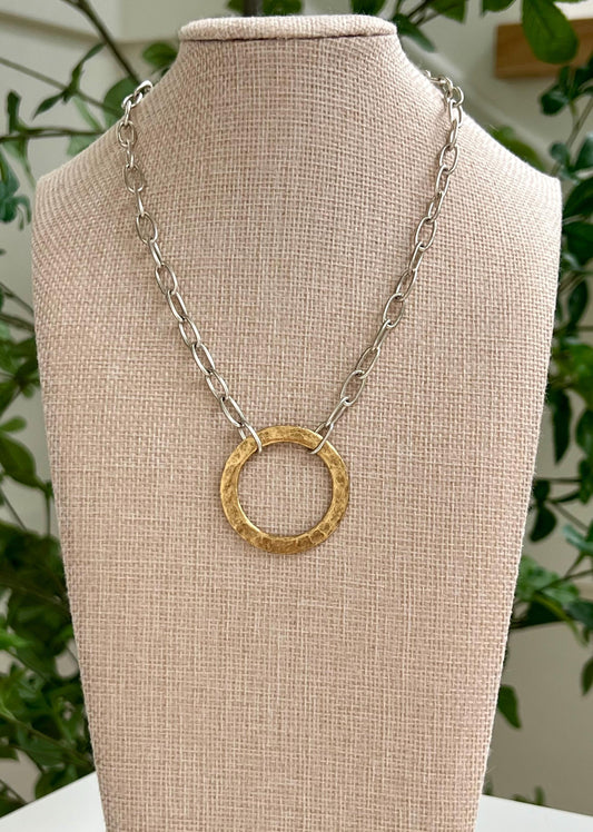Silver Paperclip Link Chain Necklace with Organic Gold Open Circle Pendants Gorgeous Silver Statement Modern Mixed Metal Necklace