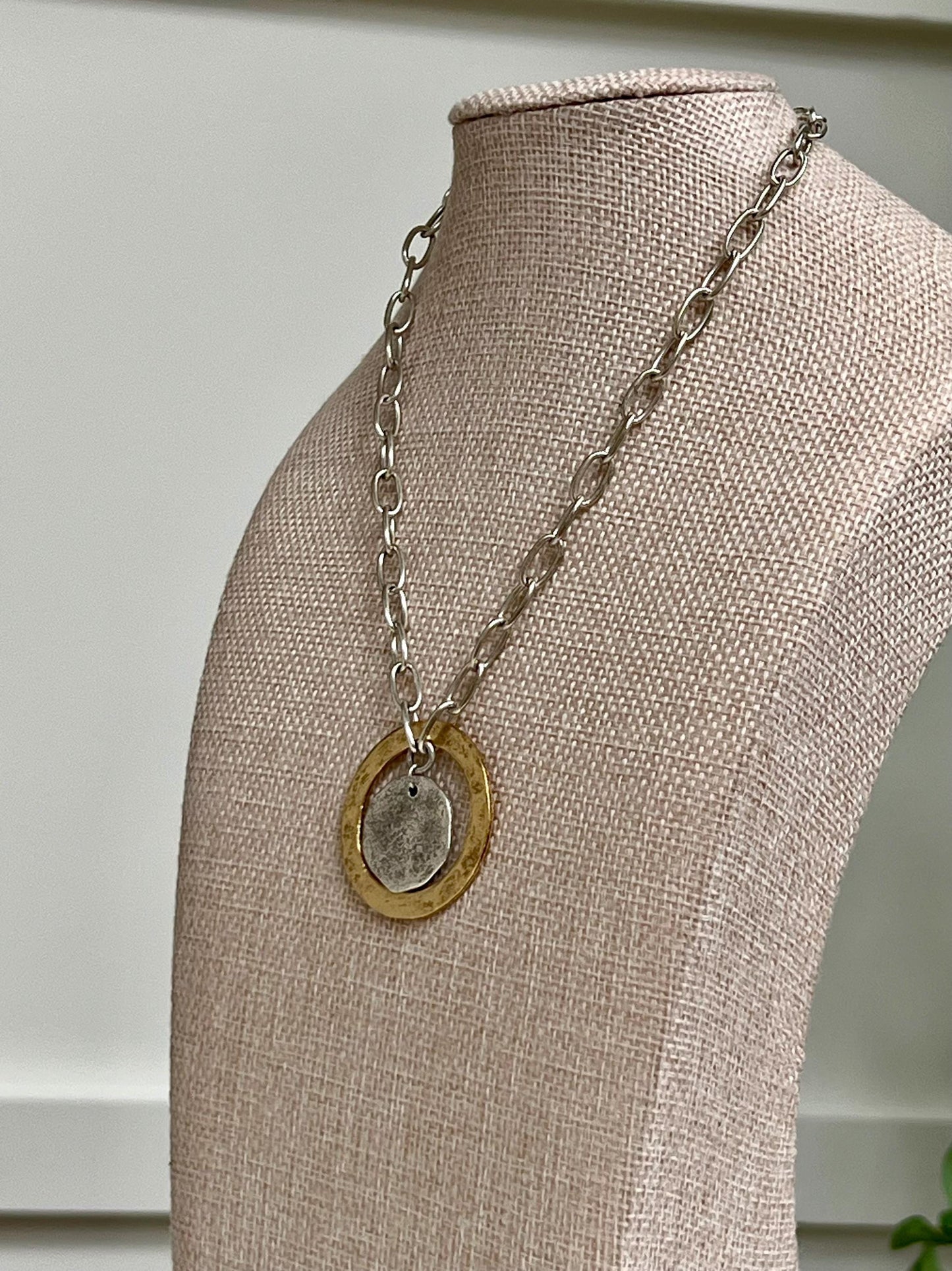 Silver Paperclip Link Chain Necklace with Gold Open Circle Pendants Gorgeous Silver Statement Modern Mixed Metal Necklace Silver Coin