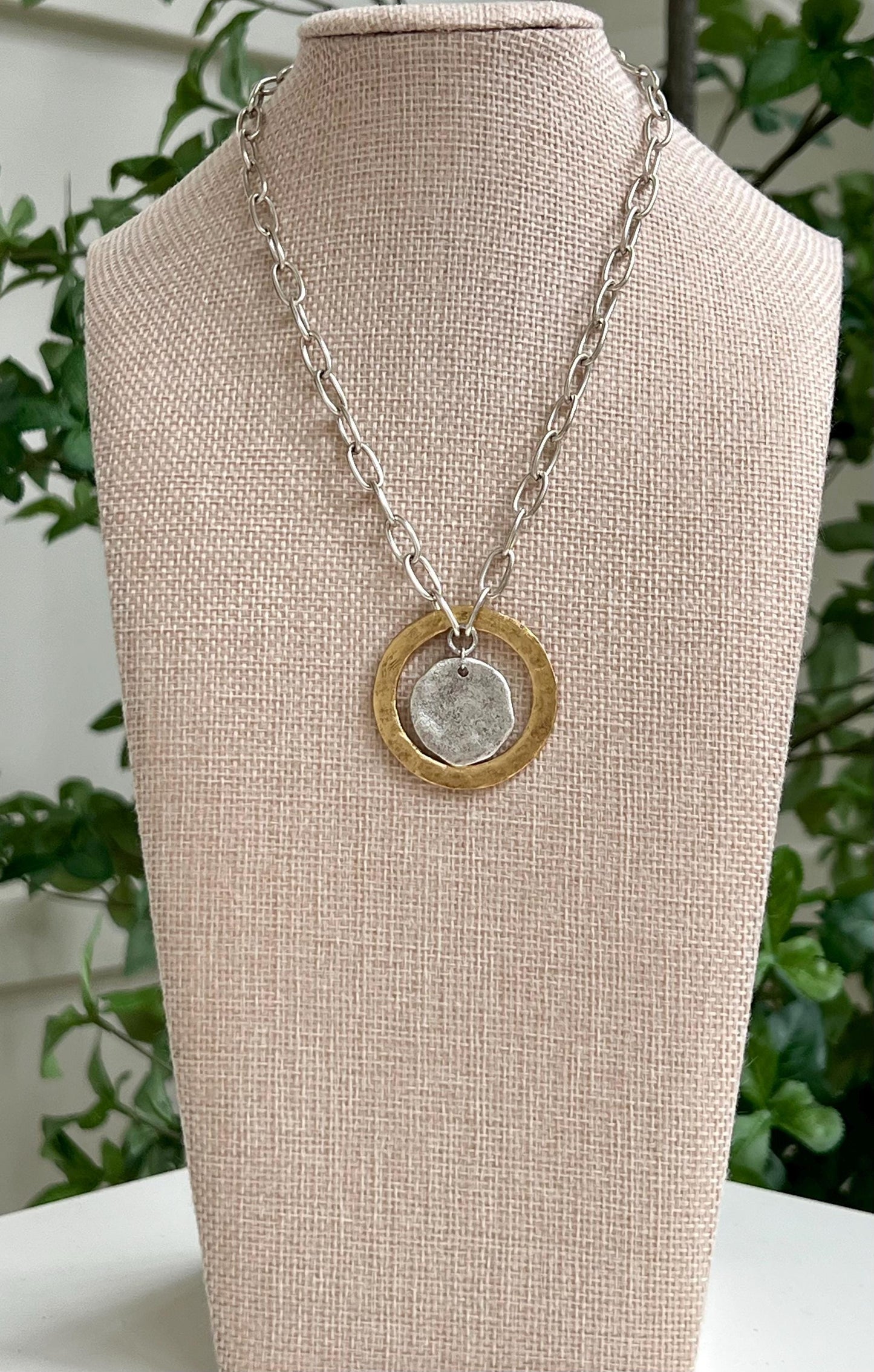 Silver Paperclip Link Chain Necklace with Gold Open Circle Pendants Gorgeous Silver Statement Modern Mixed Metal Necklace Silver Coin