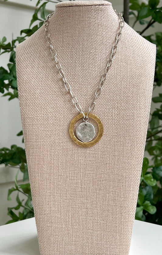 Silver Paperclip Link Chain Necklace with Gold Open Circle Pendants Gorgeous Silver Statement Modern Mixed Metal Necklace Silver Coin