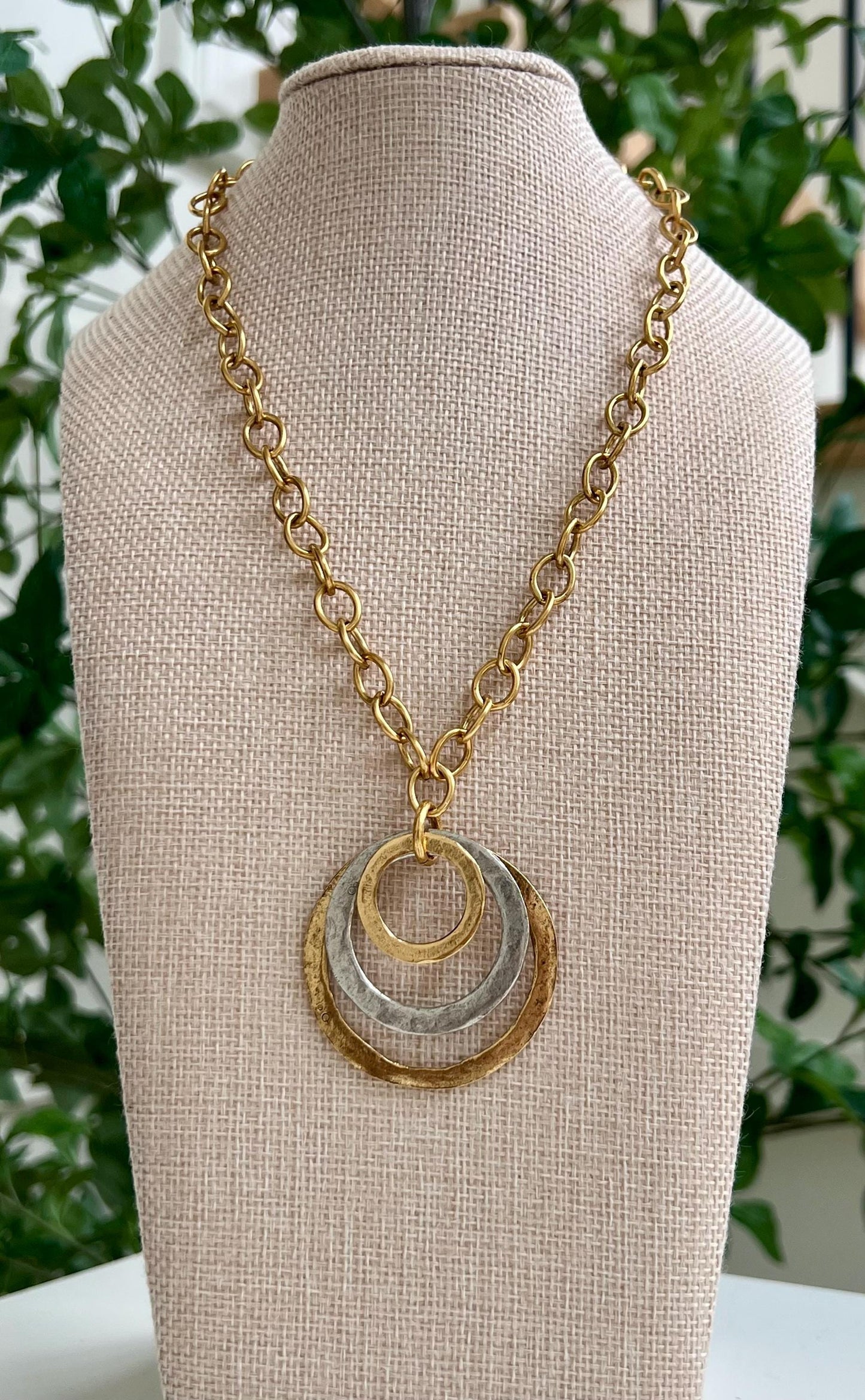 Gold Rounded Oval Chain Necklace with Organic Silver and Gold Open Circle Pendants Gorgeous Silver and Gold Statement Mixed Metal Necklace