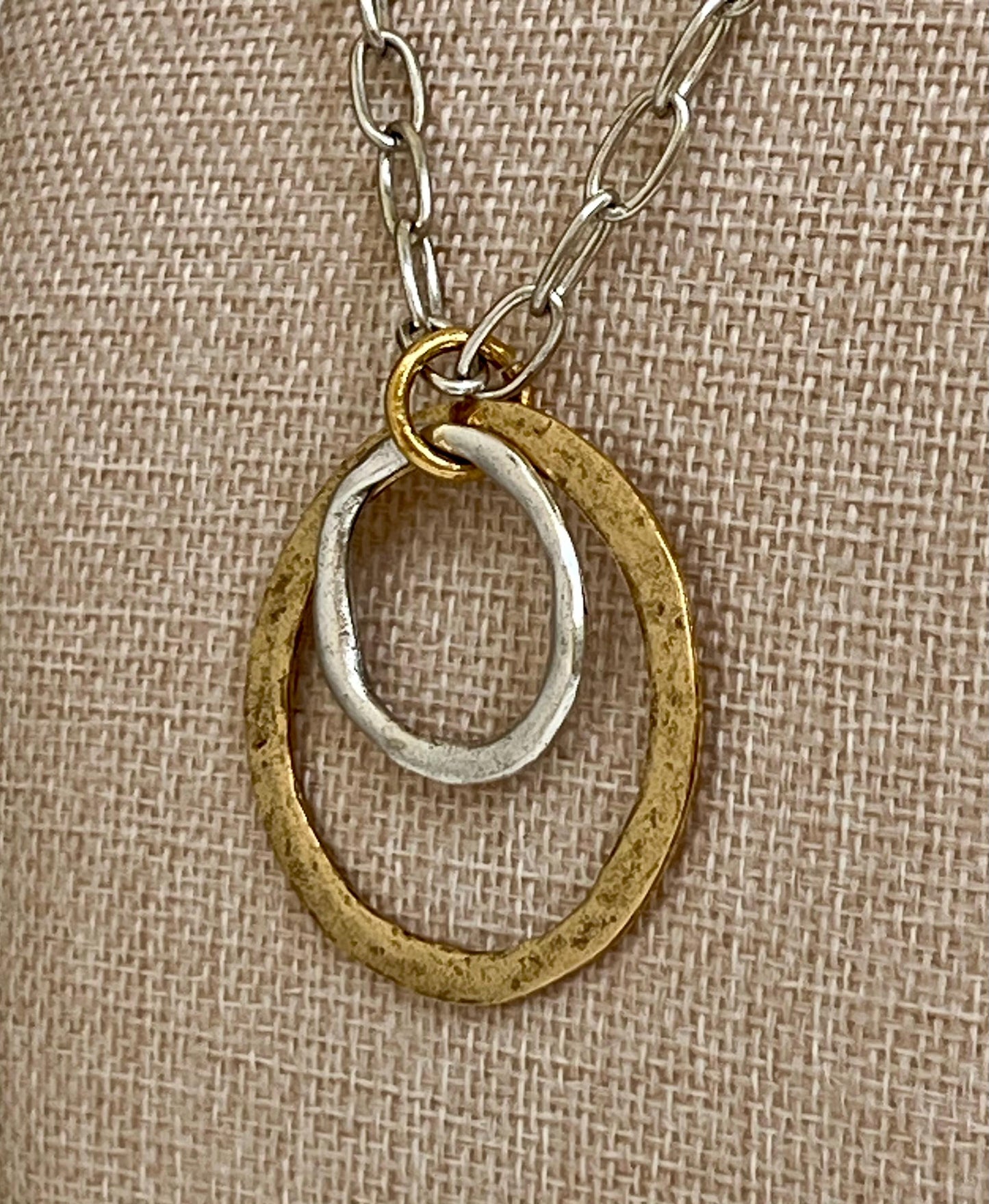 Silver Paperclip Chain Necklace with Organic Silver and Gold Open Circle Pendants Gorgeous Silver and Gold Statement Mixed Metal Necklace