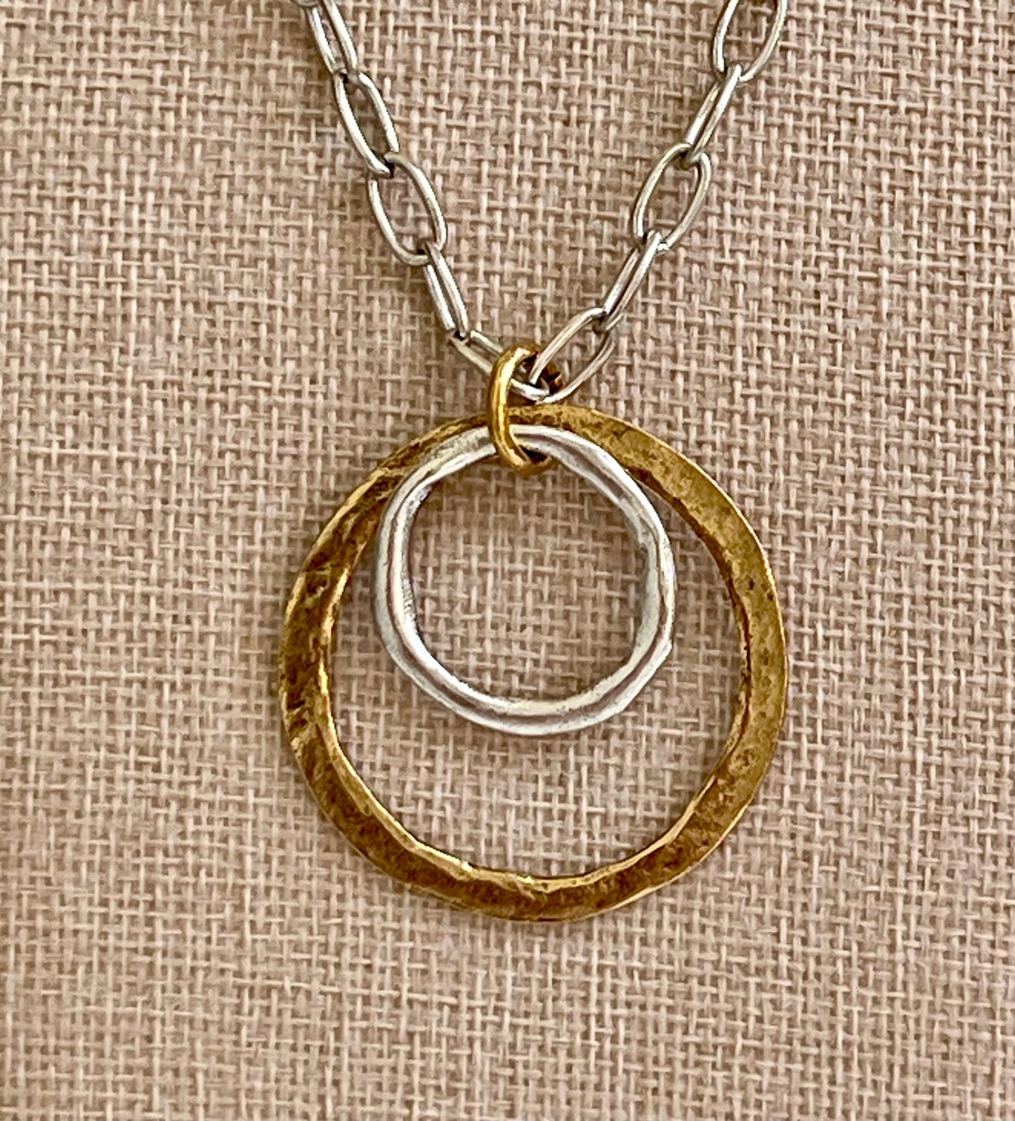 Silver Paperclip Chain Necklace with Organic Silver and Gold Open Circle Pendants Gorgeous Silver and Gold Statement Mixed Metal Necklace