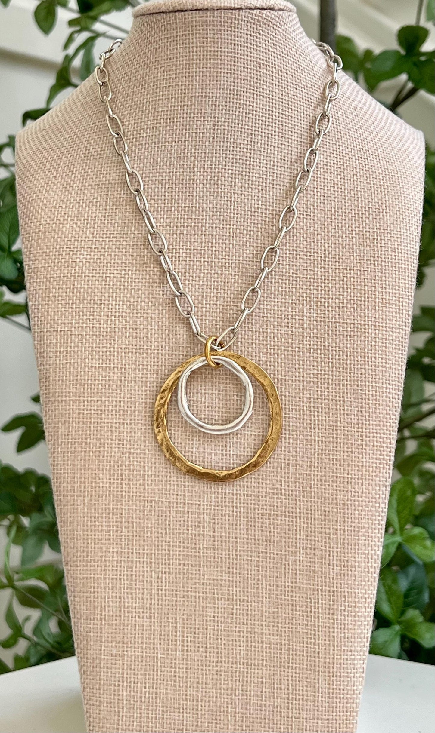 Silver Paperclip Chain Necklace with Organic Silver and Gold Open Circle Pendants Gorgeous Silver and Gold Statement Mixed Metal Necklace