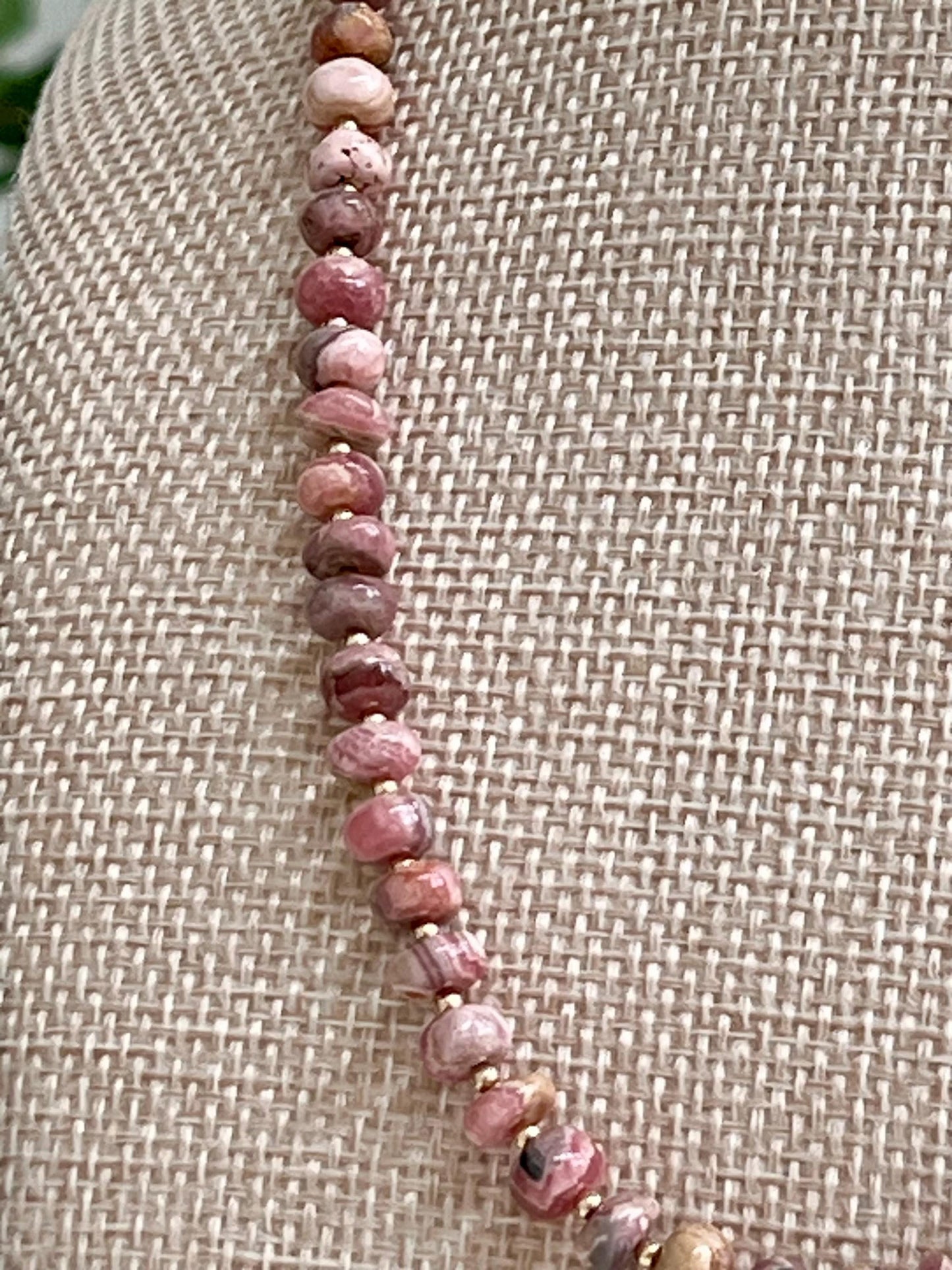 Rhodochrosite Beaded Necklace with 18k Gold Filled Clasp/Accent Beads Rhodochrosite 5.5mm Smooth Rondelle Stones Gorgeous