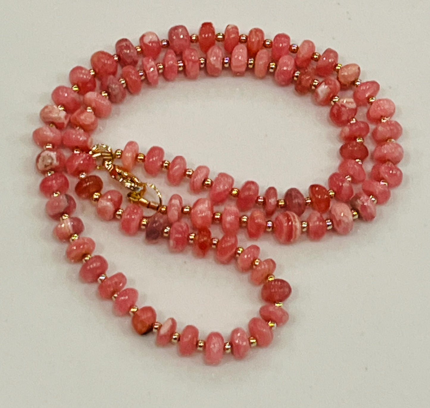 Rhodochrosite Beaded Necklace with 18k Gold Filled Clasp/Accent Beads AAA Rhodochrosite 5.5mm Smooth Rondelle Super Pink Stones Gorgeous