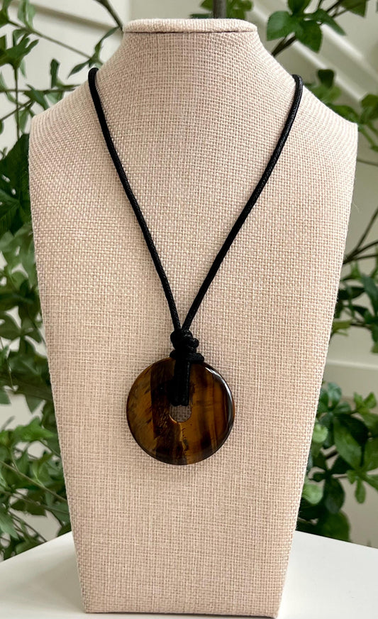 Tigers Eye Donut Bead Necklace 50mm Gorgeous Tigers Eye Statement Pendant Necklace Layering Necklace Semi-Precious Natural Gemstones