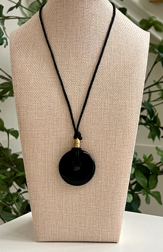 Black Onyx Donut Bead Necklace 40mm Gorgeous Onyx Statement Pendant Necklace Layering Necklace Semi-Precious Natural Gemstones