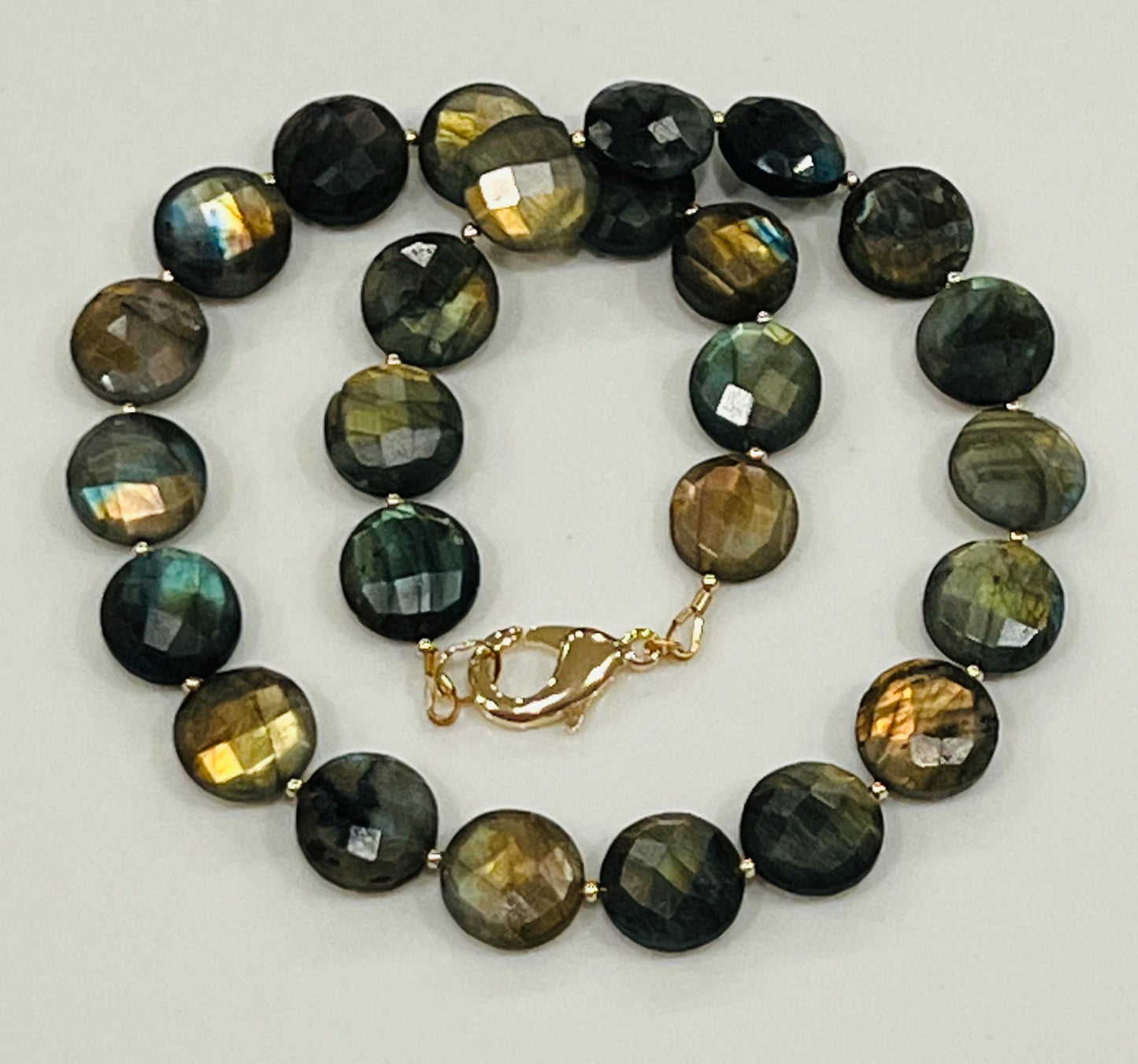 Labradorite Beaded Necklace 18k Gold Filled Clasp/Accent Beads Semi-Precious Natural Gemstone Necklace Layering 12mm Coin Faceted Stones