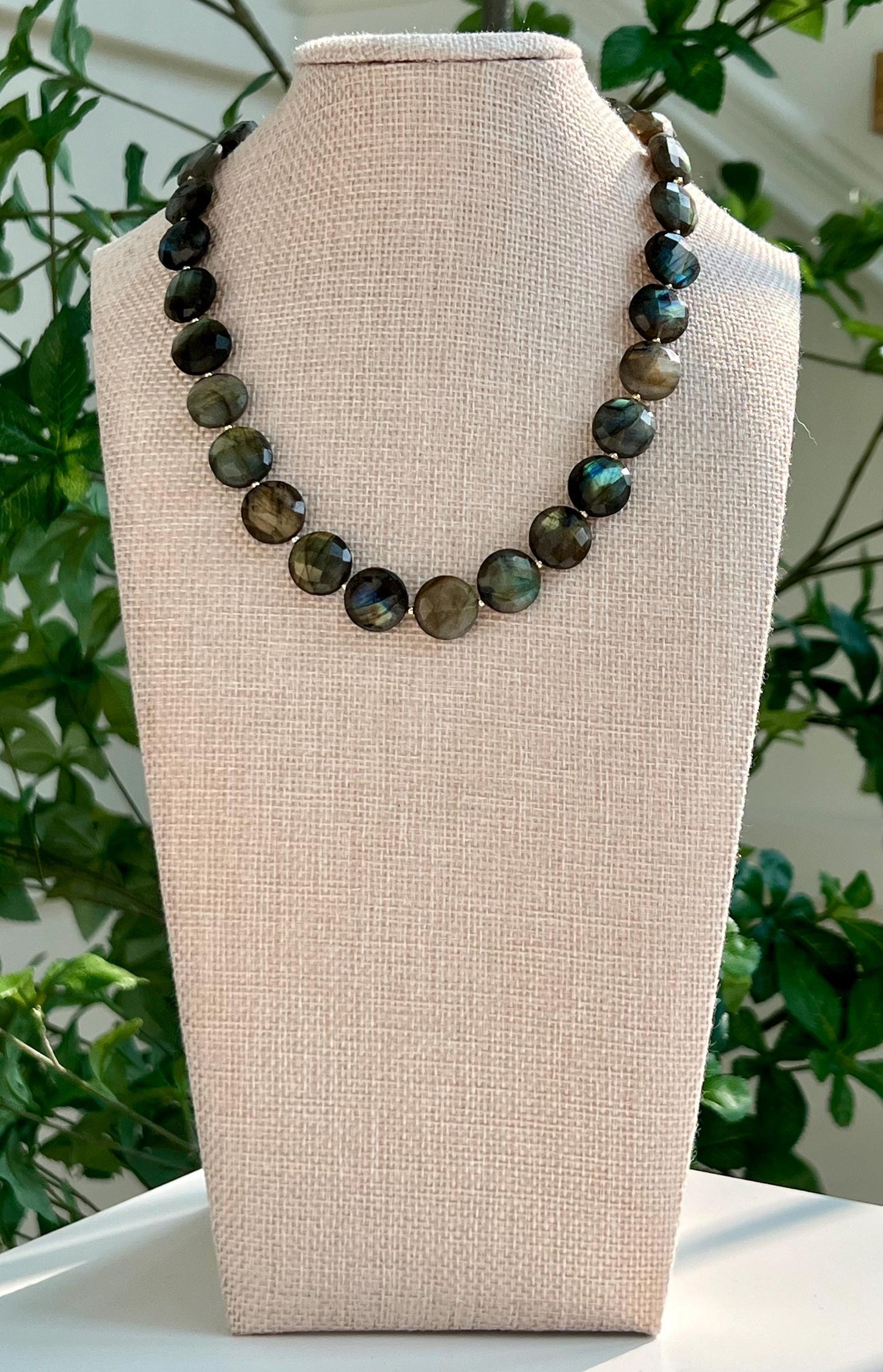 Labradorite Beaded Necklace 18k Gold Filled Clasp/Accent Beads Semi-Precious Natural Gemstone Necklace Layering 12mm Coin Faceted Stones