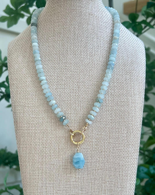 Aquamarine Beaded Necklace 18k Gold Filled Spring Clasp Faceted Rondelle 7x3mm Stones Natural Aquamarine Stones with Aquamarine Drop Pendant