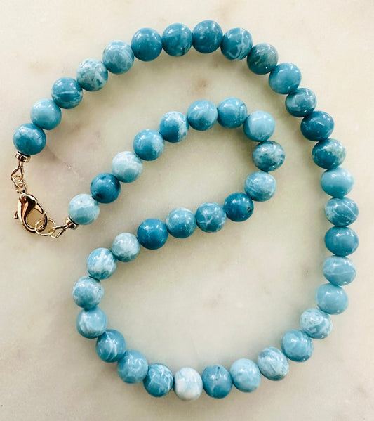 Larimar Quartz Beaded Necklace: 18k Gold Filled Clasp, 8mm Gemstone