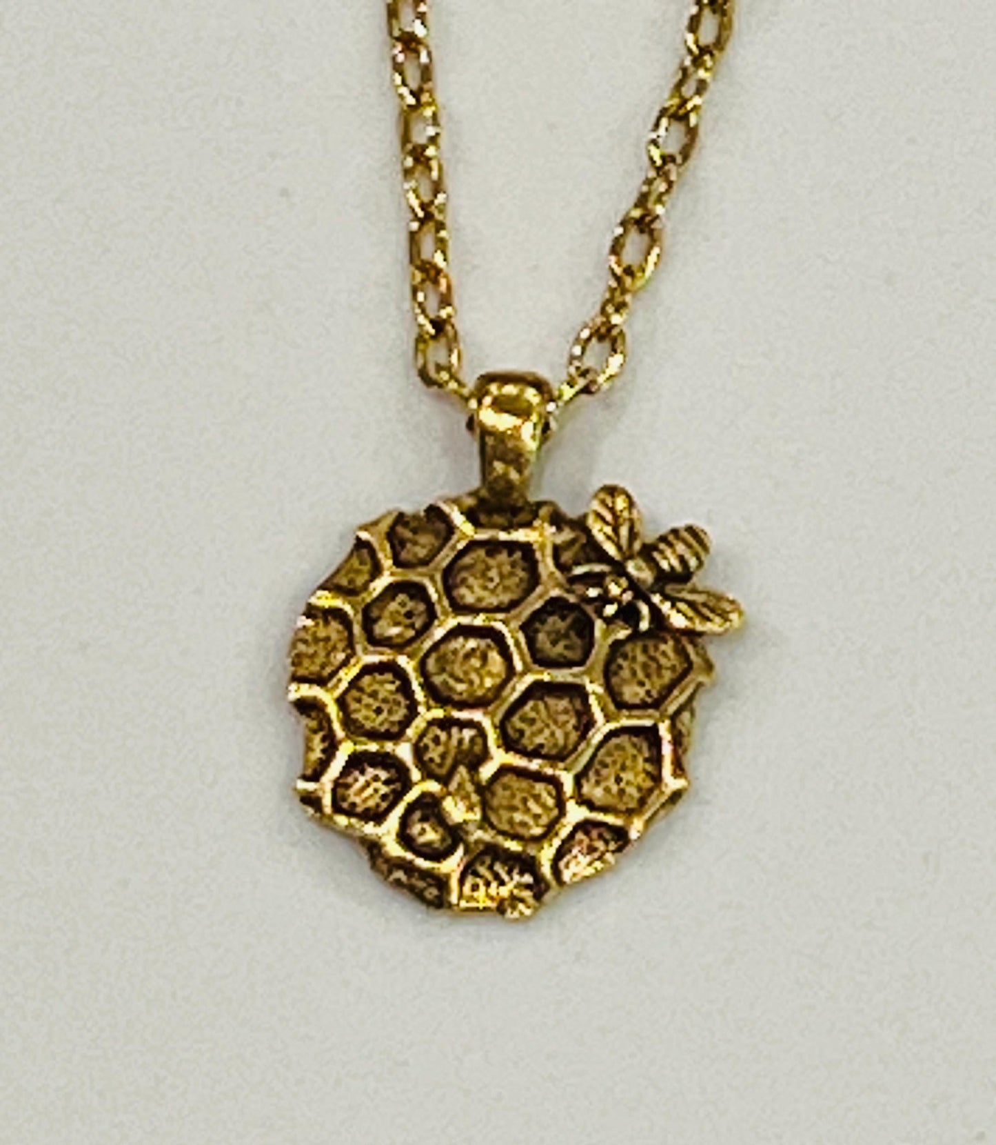 Gold Delicate Paperclip Layering Necklace with Bee Honeycomb Pendant Perfect Layering Necklace Non-tarnish Gold Plated Pewter Pendant