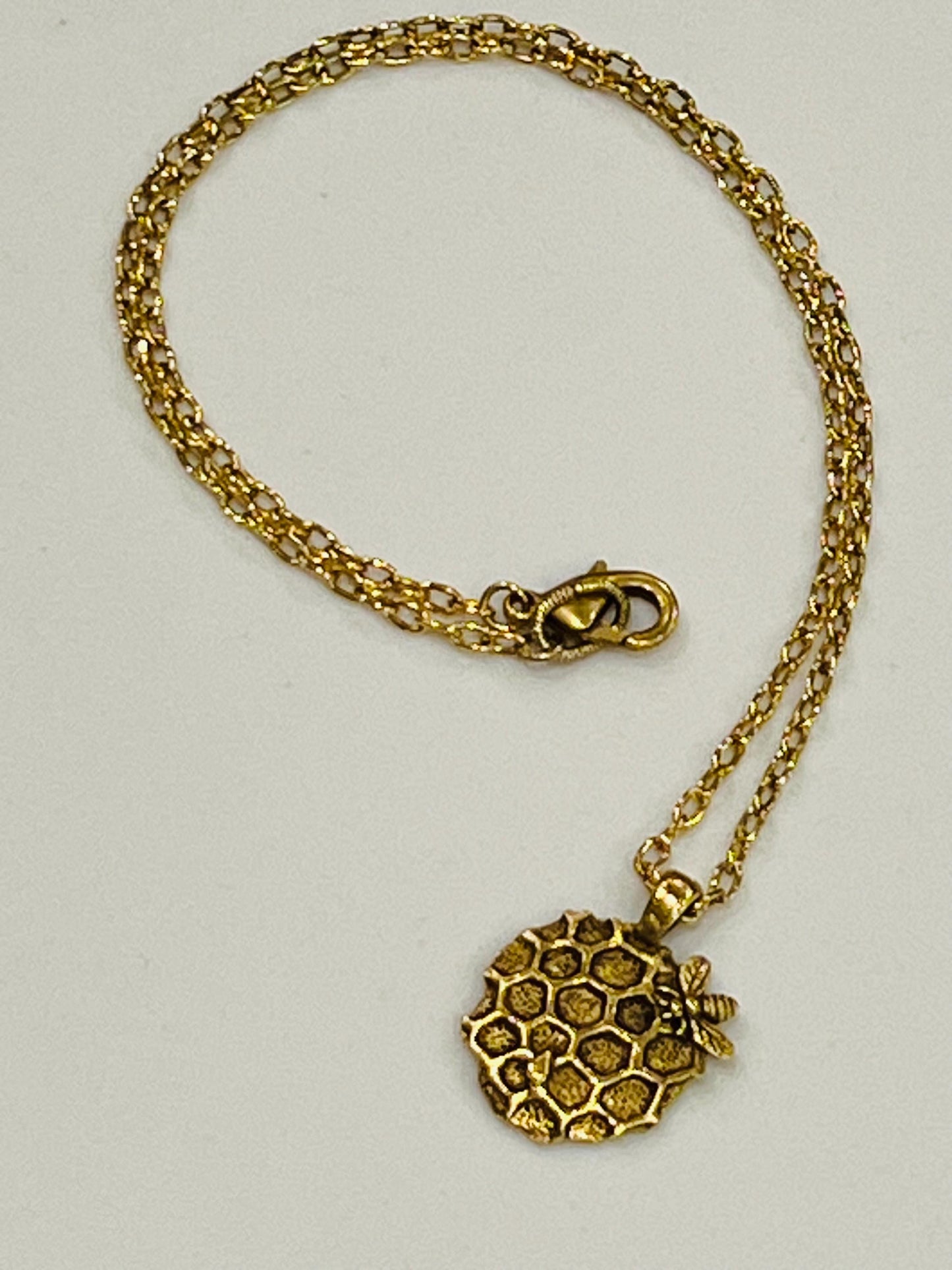Gold Delicate Paperclip Layering Necklace with Bee Honeycomb Pendant Perfect Layering Necklace Non-tarnish Gold Plated Pewter Pendant