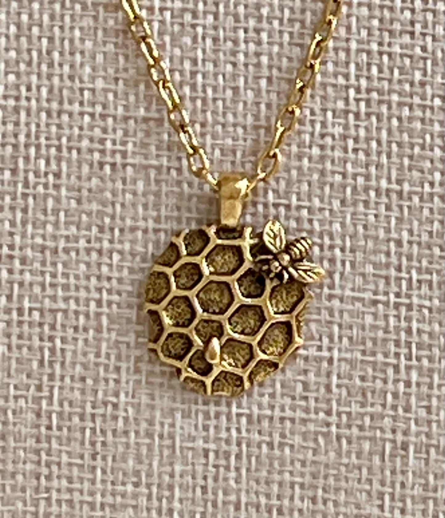Gold Delicate Paperclip Layering Necklace with Bee Honeycomb Pendant Perfect Layering Necklace Non-tarnish Gold Plated Pewter Pendant
