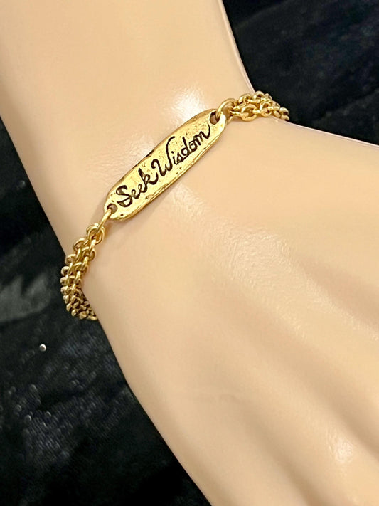 Gold Delicate Paperclip Layering Bracelet with Floral Vine Bar Pendant Gorgeous Layering Statement Bracelet Green Girl Studios Seek Wisdom