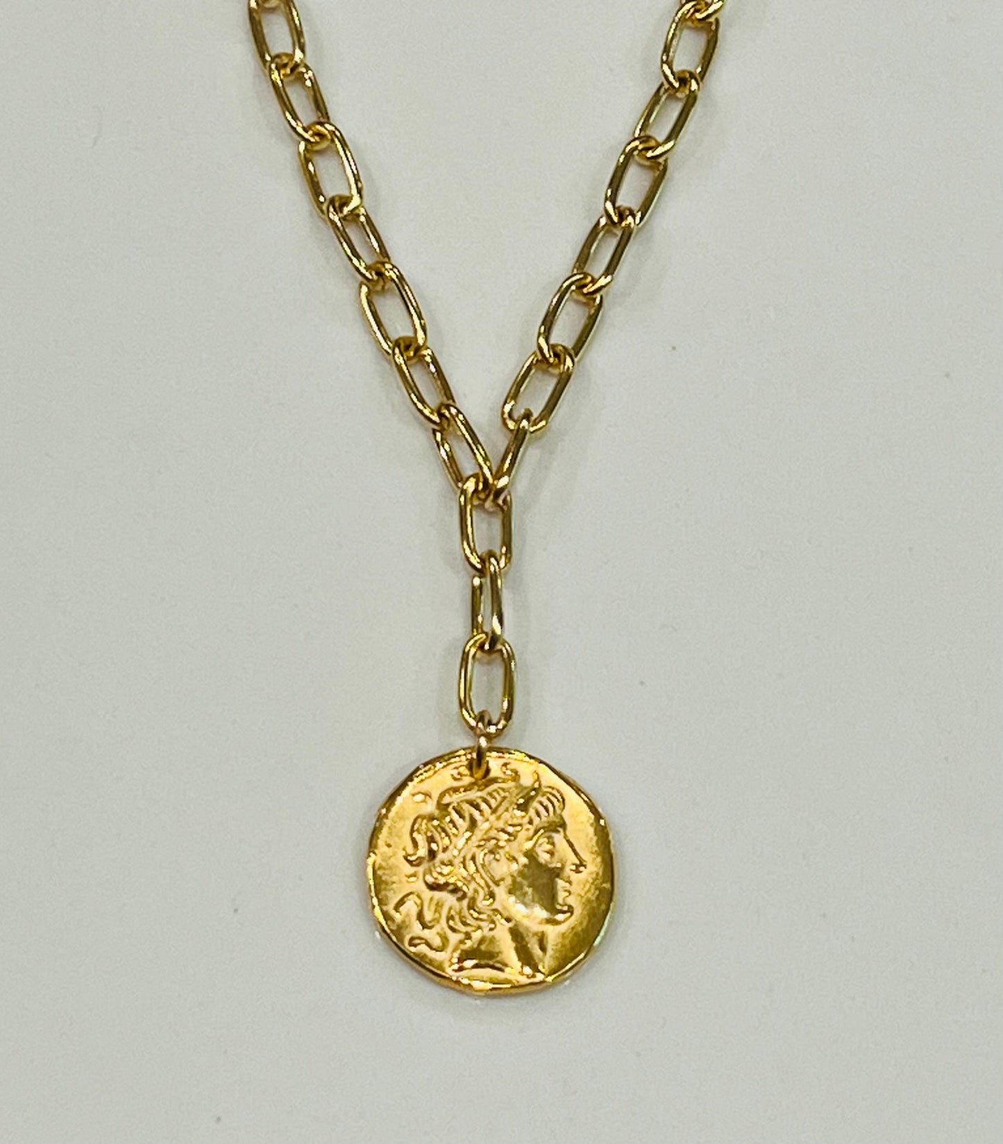 Gold Chunky Paperclip Chain Necklace with Gold Roman Coin Pendant Gold Plated Brass Statement Necklace Chunky Statement Necklace