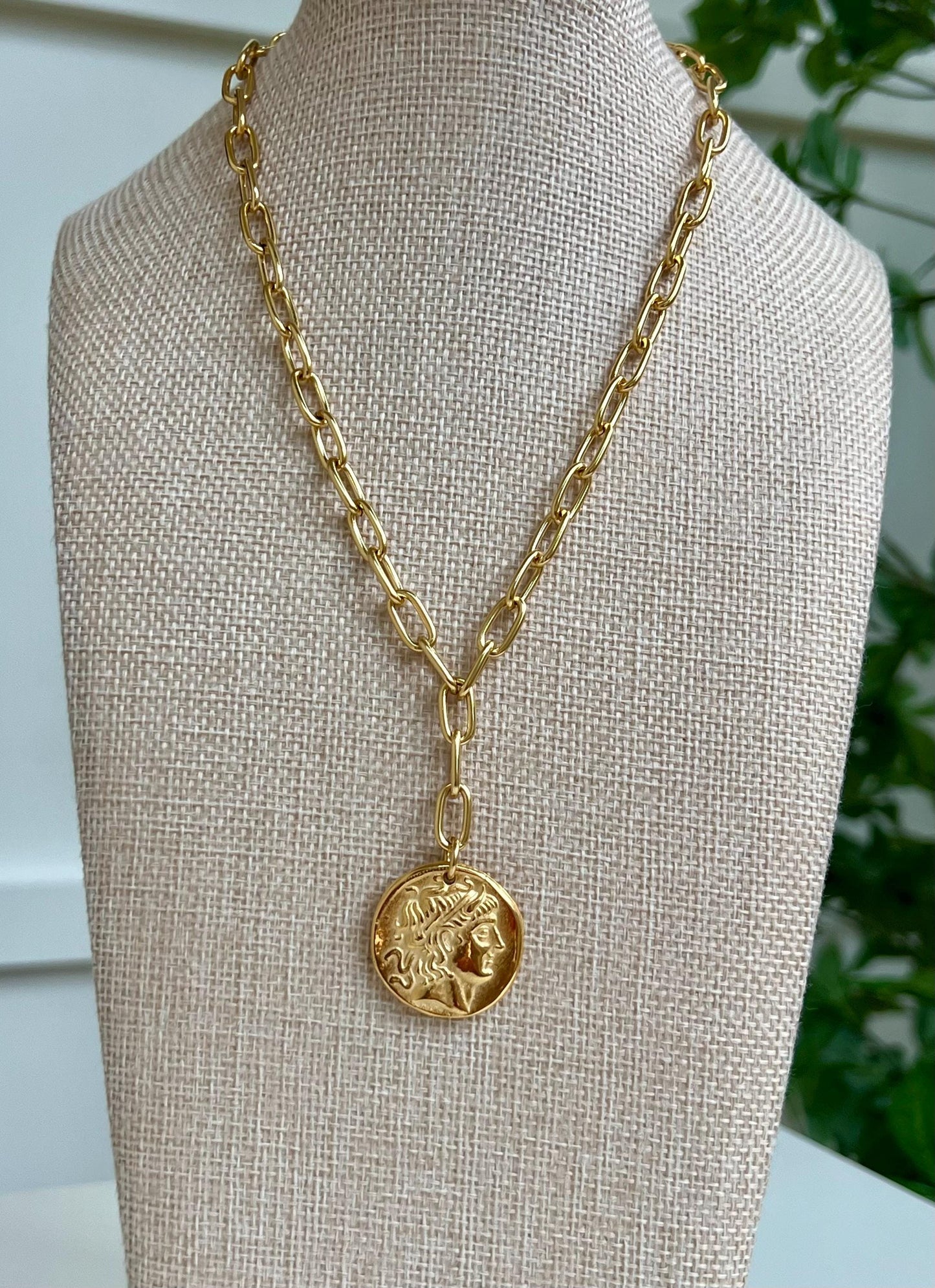 Gold Chunky Paperclip Chain Necklace with Gold Roman Coin Pendant Gold Plated Brass Statement Necklace Chunky Statement Necklace