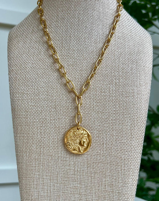 Gold Chunky Paperclip Chain Necklace with Gold Roman Coin Pendant Gold Plated Brass Statement Necklace Chunky Statement Necklace