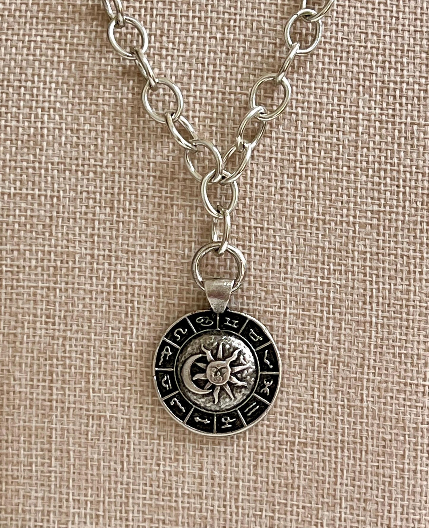 Antique Silver Chunky Oval Chain Necklace with Large Zodiac Wheel Silver Pendant Silver Statement Necklace Chunky Statement Necklace