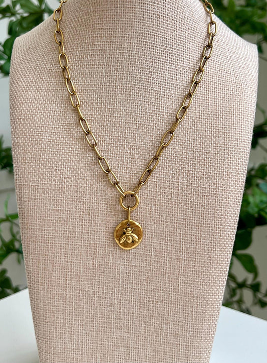 Antique Gold Chunky Paperclip Chain Necklace with Bee Coin Pendant Gold Plated Brass Statement Necklace Chunky Statement Necklace