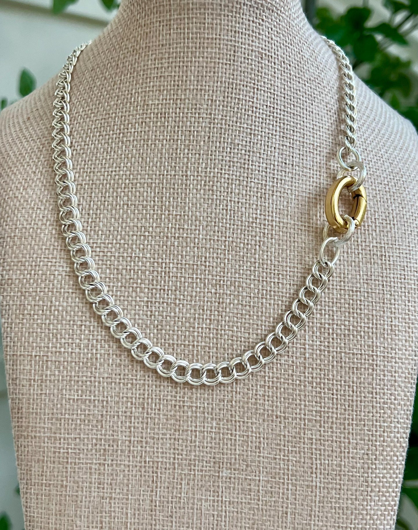 Silver Parallel Curb Chain Necklace with Gold Carabiner Spring Clasp Mixed Metal Statement Necklace Chunky Statement Necklace