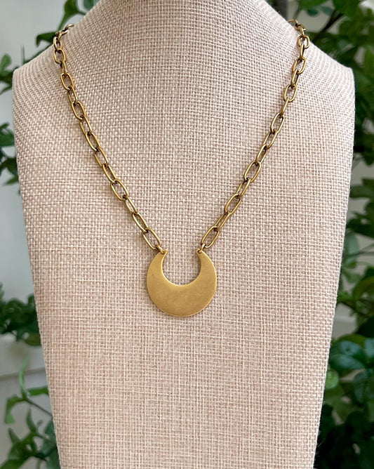 Antique Gold Paperclip Chain Necklace with Semi Circle Pendant