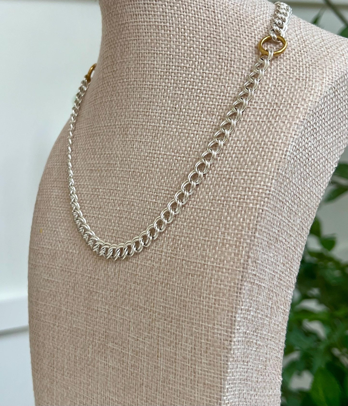 Silver Parallel Curb Chain Necklace with Gold Carabiner Spring Clasp Mixed Metal Statement Necklace Chunky Statement Necklace Gold Accents