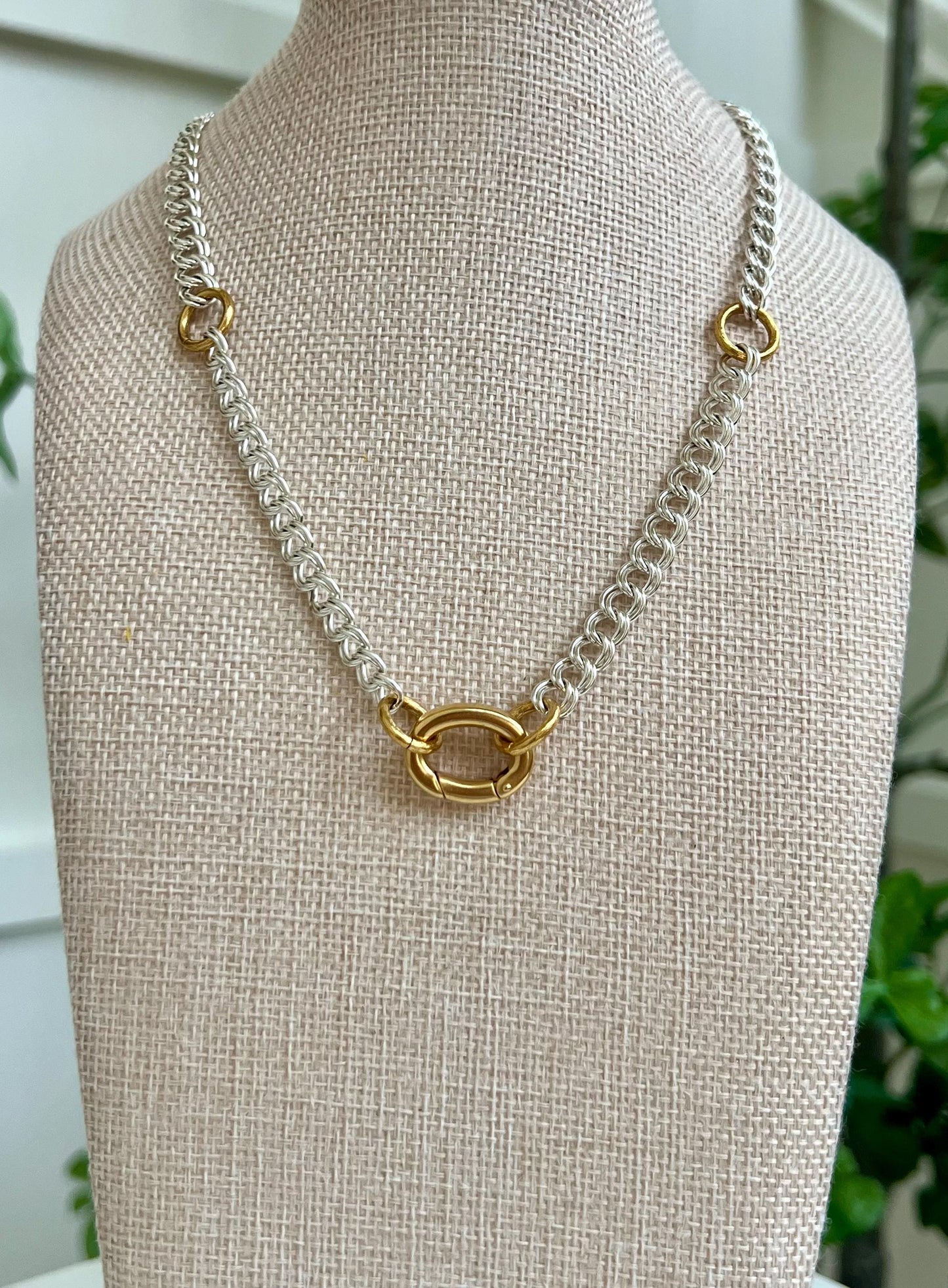 Silver Parallel Curb Chain Necklace with Gold Carabiner Spring Clasp Mixed Metal Statement Necklace Chunky Statement Necklace Gold Accents