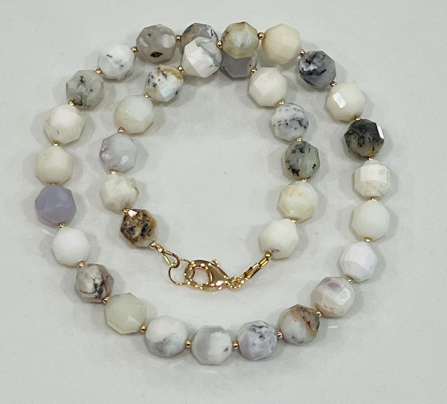 White Opal Beaded Necklace Opal 9x10mm Prism Cut Double Point Faceted Beads 18k Gold Filled Clasp Beautiful  Natural Gemstone Necklace
