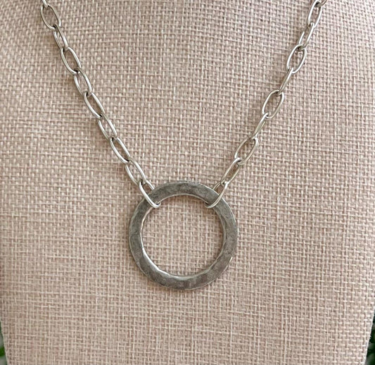 Silver Paperclip Link Chain Necklace with Organic Silver Open Circle Pendants Gorgeous Silver Statement Modern Necklace Large Open Circle