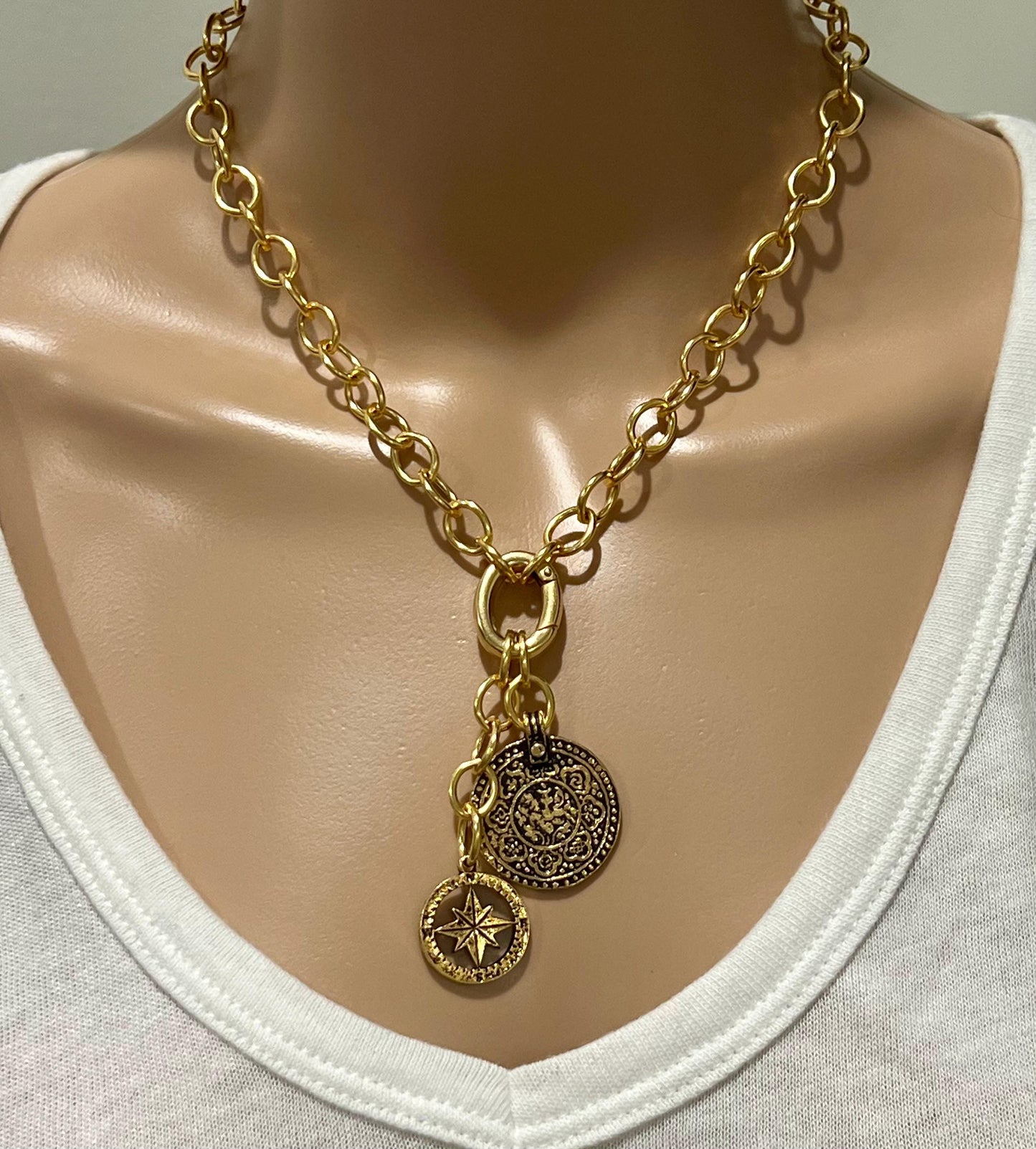 Gold Chunky Oval Chain Necklace with Gold Carabiner Spring Clasp 2 Pendants Mandala and Compass Drops Versatility Chunky Statement Necklace