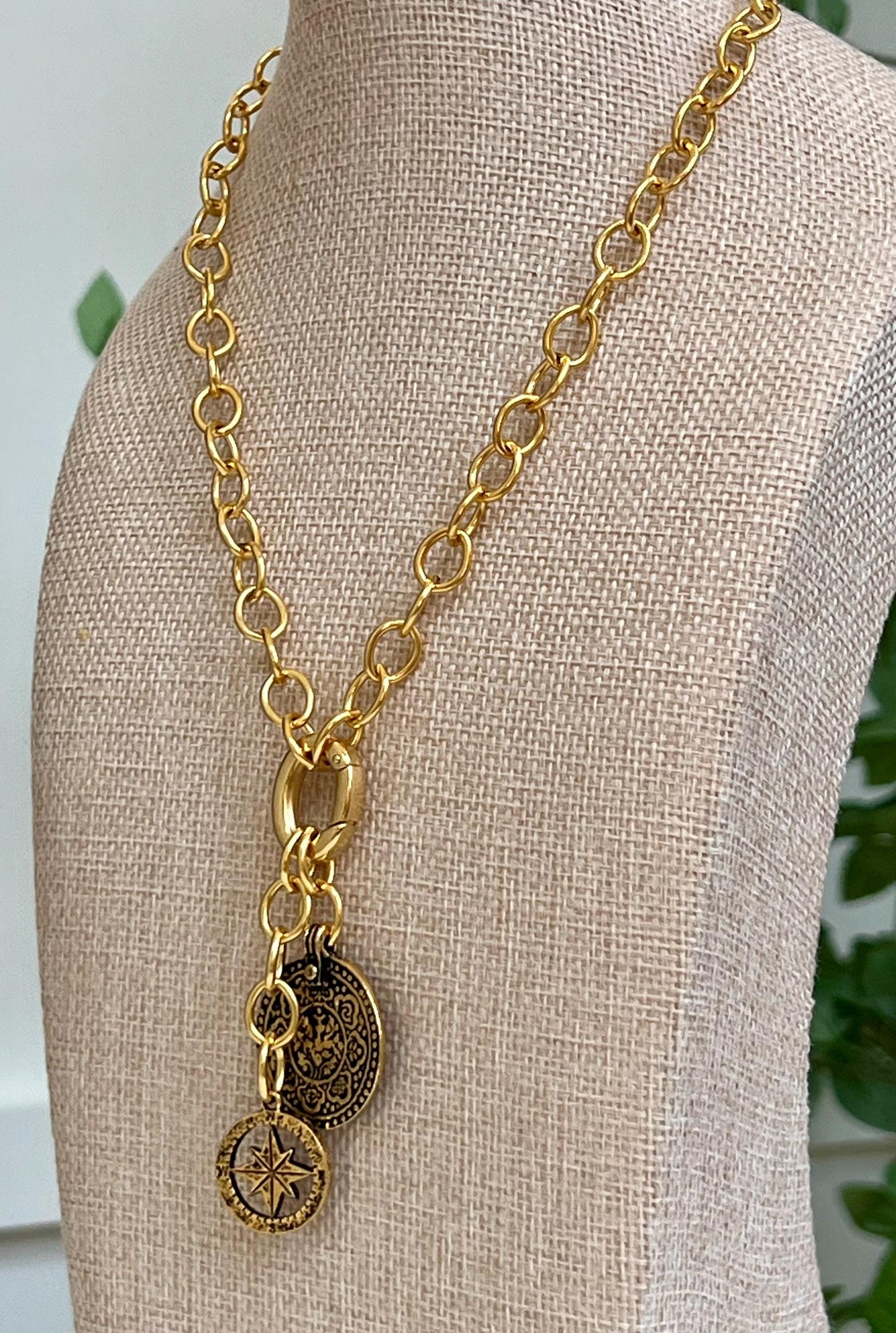 Gold Chunky Oval Chain Necklace with Gold Carabiner Spring Clasp 2 Pendants Mandala and Compass Drops Versatility Chunky Statement Necklace
