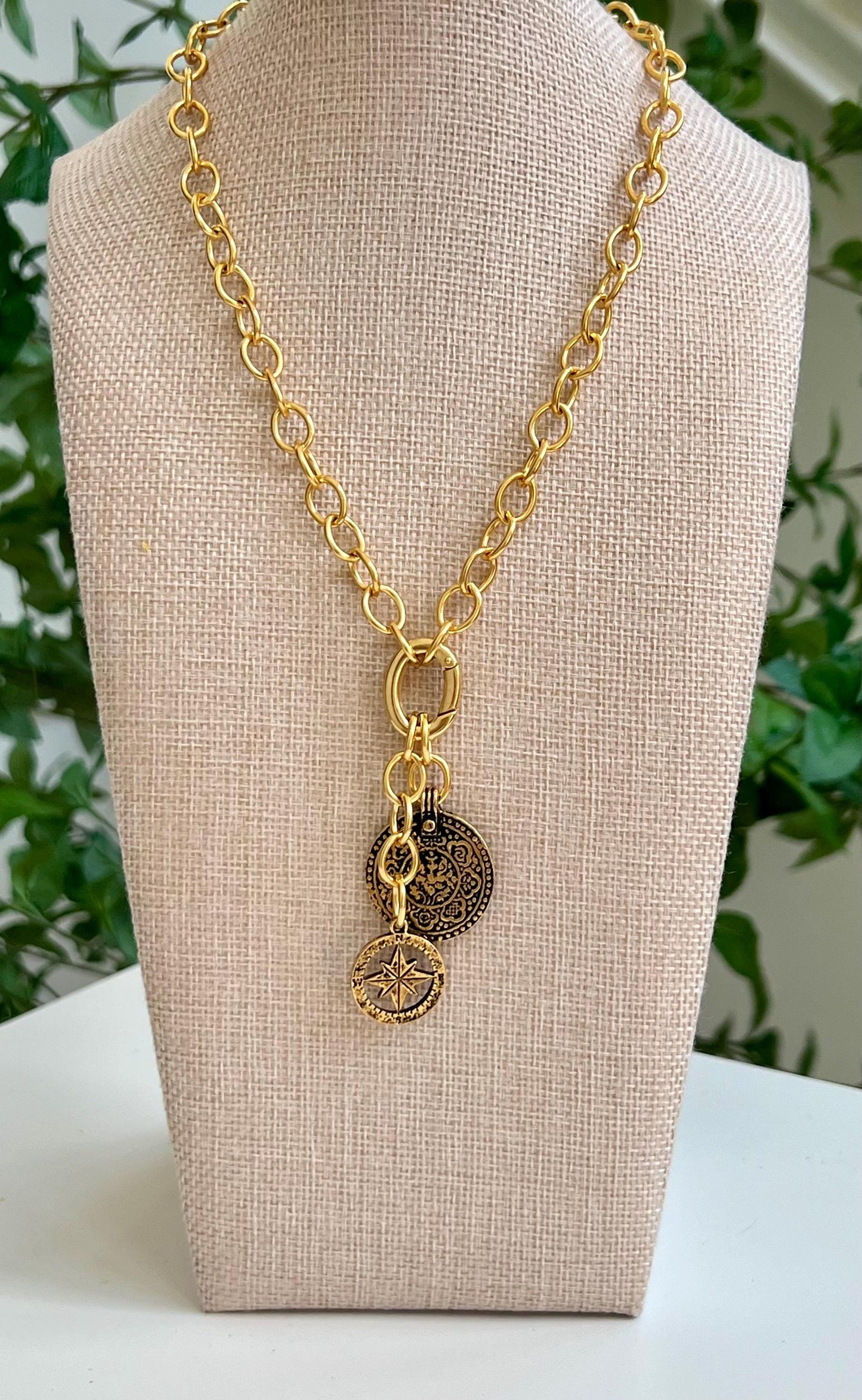 Gold Chunky Oval Chain Necklace with Gold Carabiner Spring Clasp 2 Pendants Mandala and Compass Drops Versatility Chunky Statement Necklace