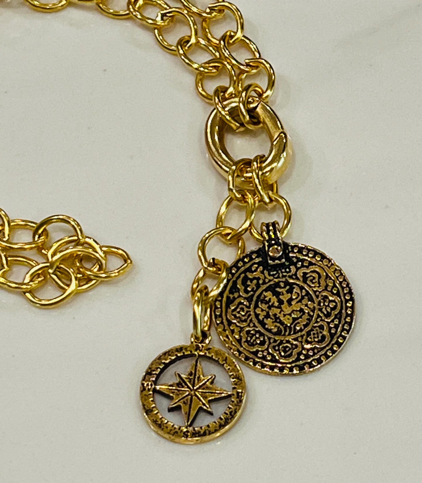 Gold Chunky Oval Chain Necklace with Gold Carabiner Spring Clasp 2 Pendants Mandala and Compass Drops Versatility Chunky Statement Necklace